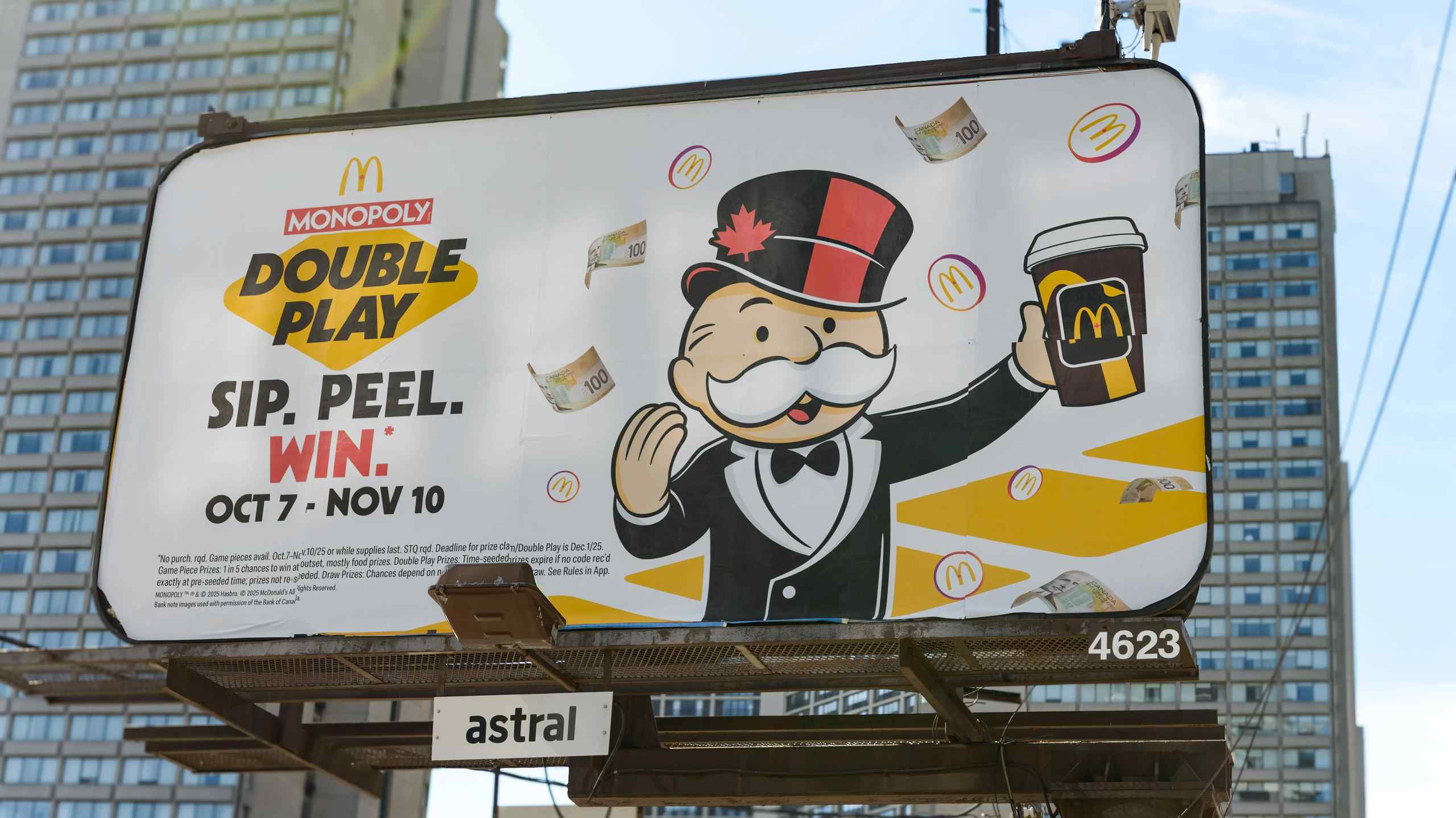 A billboard advertising McDonald's Monopoly game.